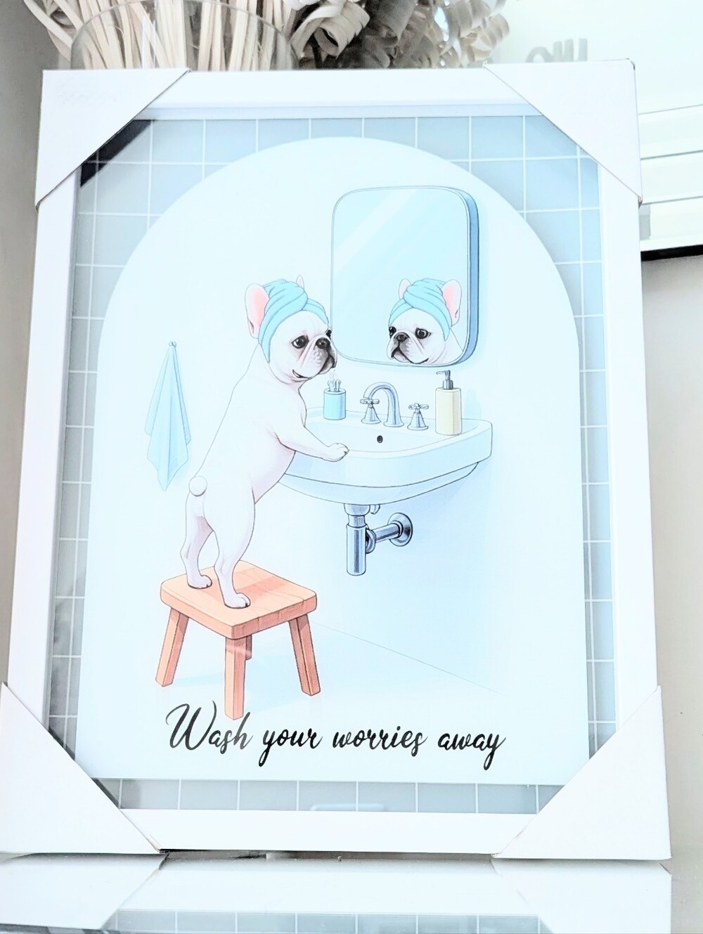 New Framed French Bulldog Frenchie 75 Bathroom Wash Your Worries Away Wall Art